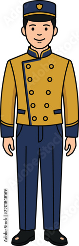 Cartoon illustration of a smiling man in a traditional hotel bellhop uniform