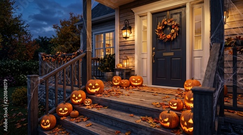 Carved jack-o-lantern pumpkins decorating a residential porch for Halloween