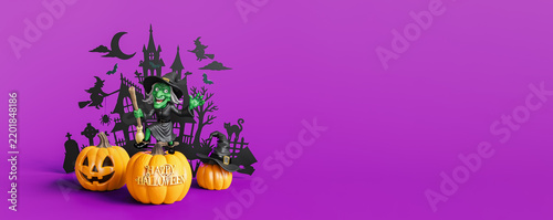Witch with pumpkins and Halloween decoration on purple background with copy space. Halloween greeting card design. 3D Rendering, 3D Illustration