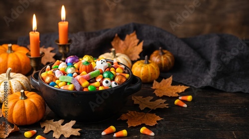 Black bowl filled with assorted Halloween candy surrounded by pumpkins
