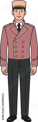 Illustration of a hotel bellhop in a traditional uniform standing at attention