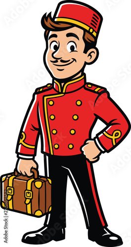 Smiling hotel bellhop character carrying a vintage suitcase illustration