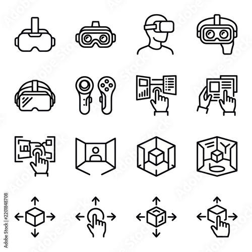 Virtual Reality Icons: VR Headset, Controllers, 3D Cube, Interface Interactions