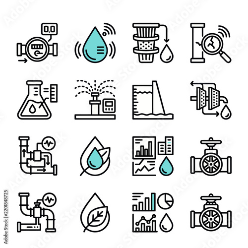 Water Management System Icons Set: Flow Meter, Drop, Filter, Pipe Inspection, Lab, Sprinkler, Dam
