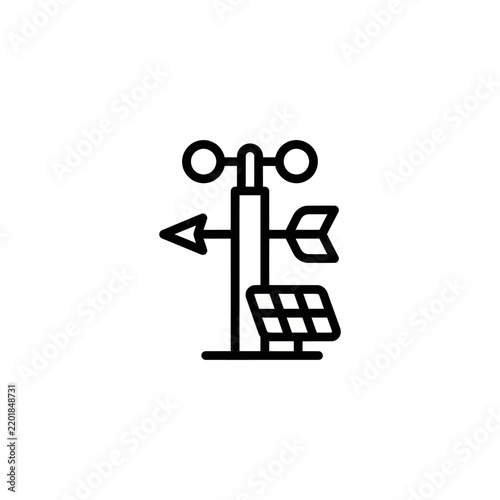 Weather Station Icon: Anemometer, Wind Vane, and Solar Panel - Line Art