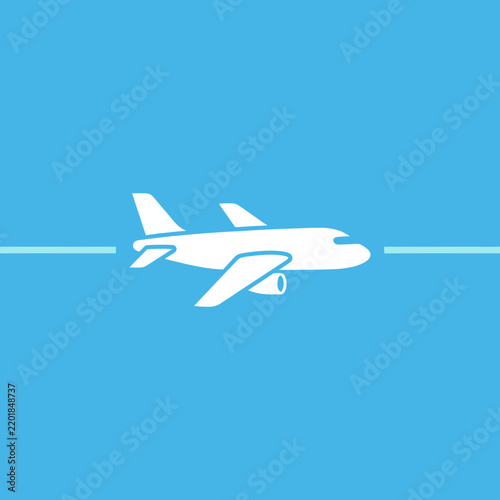 White airplane silhouette flying on a bright blue sky with a horizontal line