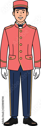 Illustration of a hotel bellhop in a classic red uniform standing at attention