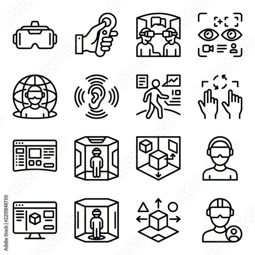 Virtual Reality Icons Set: VR headset, hand controller, users, and digital elements