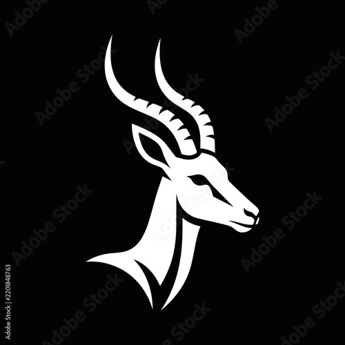 White Antelope Silhouette on Black Background, Stylized Animal Head, Vector Art