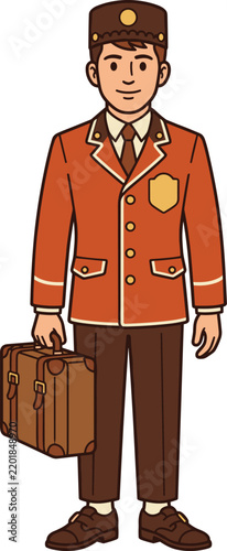 Full body illustration of a smiling bellhop holding a vintage suitcase