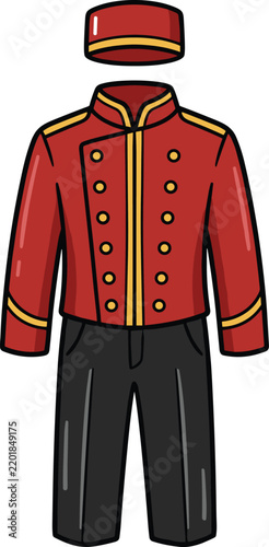 Classic red hotel uniform with jacket pants and hat isolated on white background