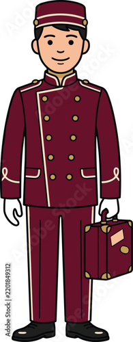 Cartoon illustration of a hotel bellhop carrying a vintage suitcase on a white background