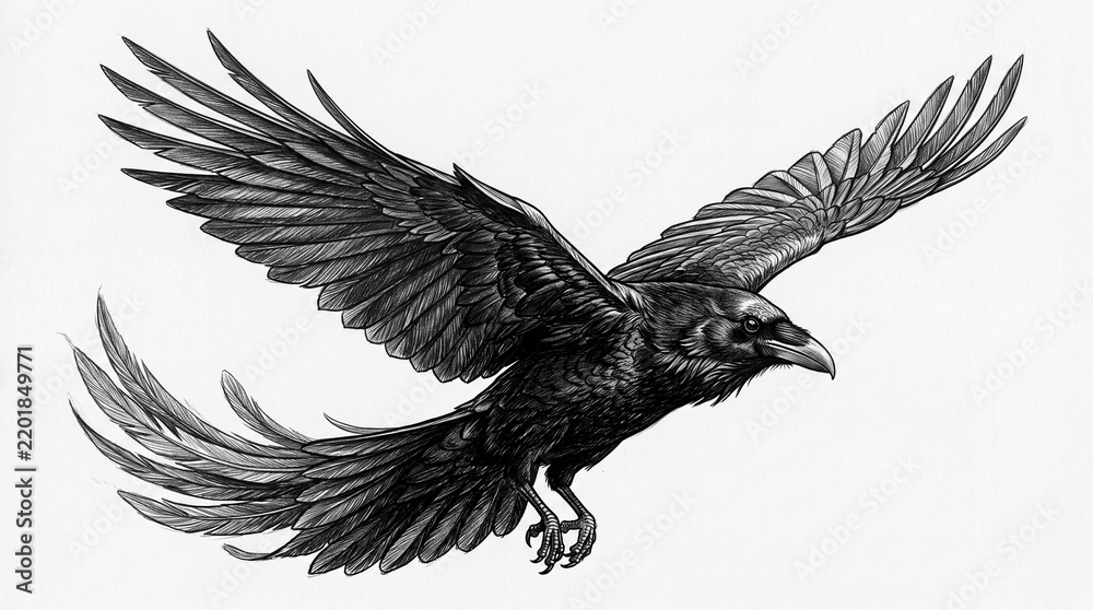 Obraz premium Detailed raven in flight illustration featuring sharp black feathers for gothic artistic themes.