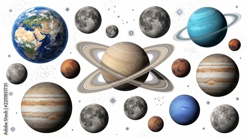 Detailed set of various realistic planets and moon spheres floating scattered across a white background