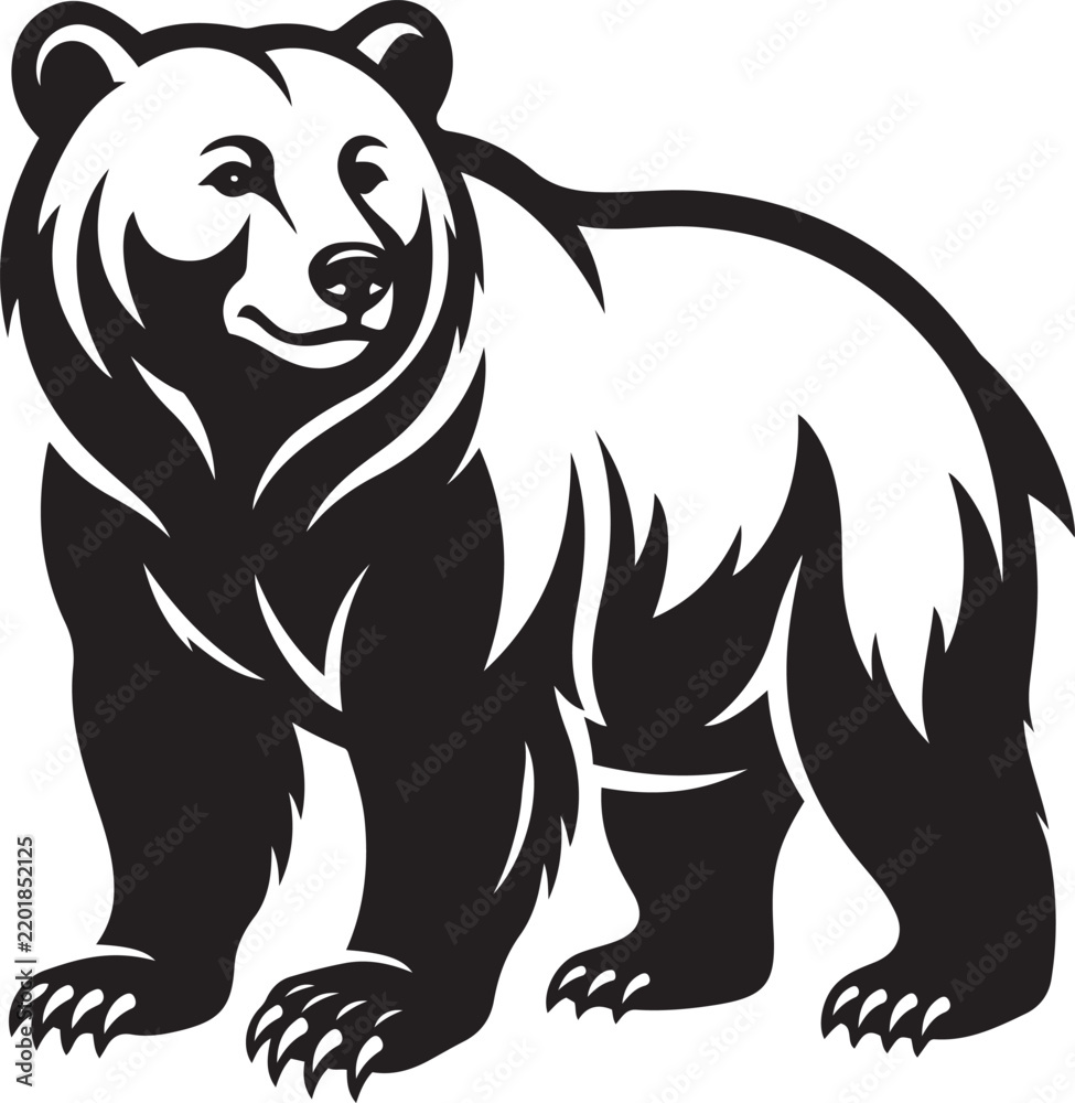 Obraz premium Grizzly Bear Standing Profile Black White Illustration, Grizzly Bear Side View Vector Animal Illustration