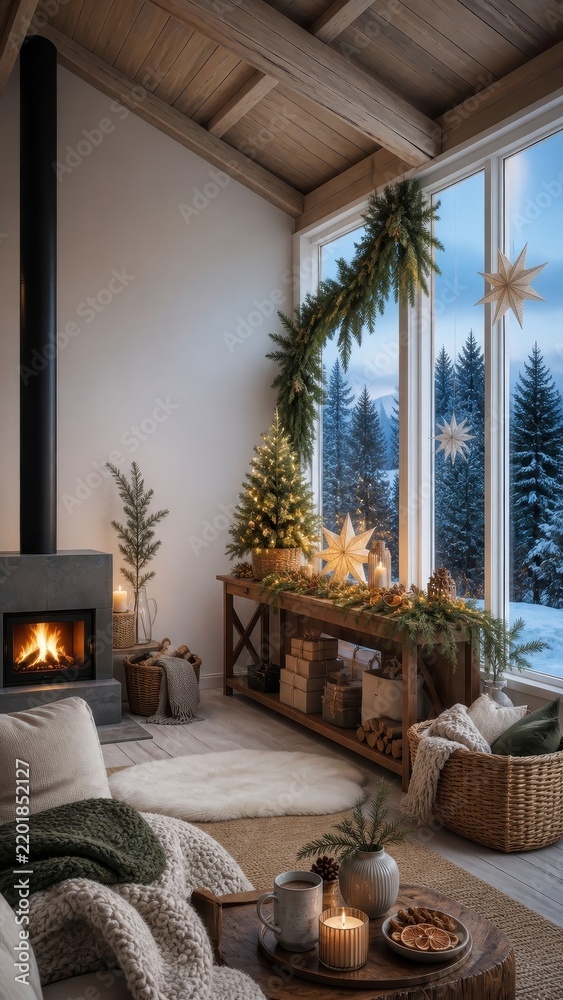 Fototapeta premium Cozy Christmas cabin interior with fireplace, tree, and snowy forest