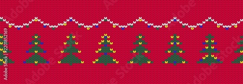 Christmas knitted seamless border. Garland and christmas trees on red background
