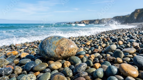 Natural, rounded pebbles and ocean worn stones cover a wild coastline, bathed in sunlight with sea spray and gentle waves in the background, beach, landscape, ripple