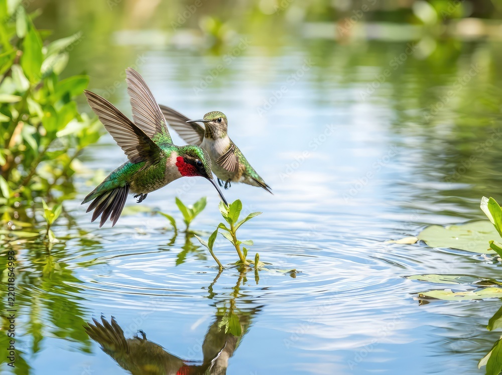 Obraz premium Vibrant hummingbirds with rapid wing beats hover gracefully above a sunlit pond, its surface featuring gentle ripples and soft reflections, birds in flight, water surface, movement