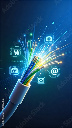 Fiber Optic Cable with Digital Icons and Light Trails