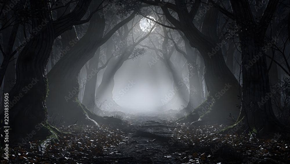 Naklejka premium Mysterious dark forest path under full moon light with heavy fog and twisted silhouetted trees