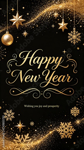 Luxury Black and Gold Happy New Year Greeting Card with Sparkling