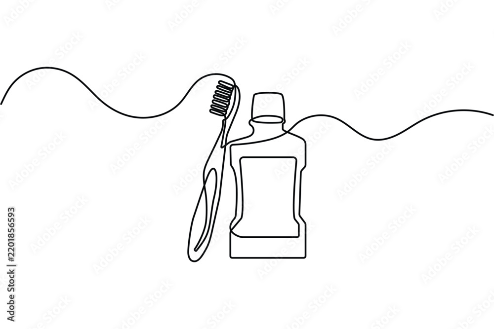 Obraz premium Toothbrush and mouthwash continuous line art with editable stroke minimal vector design