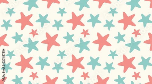 Cute repeating pattern with soft coral pink, light teal starfish shapes. Playful sea life elements arranged on off white background. Seamless summer themed wallpaper for textile design, baby nursery