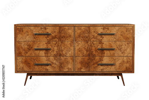 Mid century wooden sideboard with multiple burl drawers