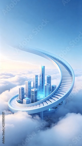 Futuristic City with Spiral Staircase and Cloud Background
