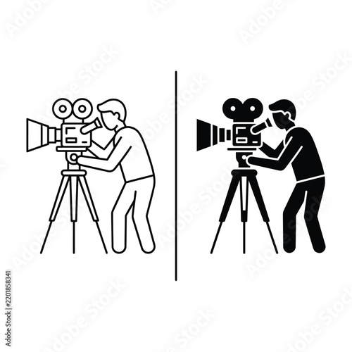 Videographer operating a camera on a tripod, line and solid