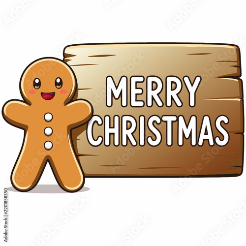 Cute Kawaii Gingerbread Man Character Standing Beside Wooden Sign with Merry Christmas Greeting Vector Illustration