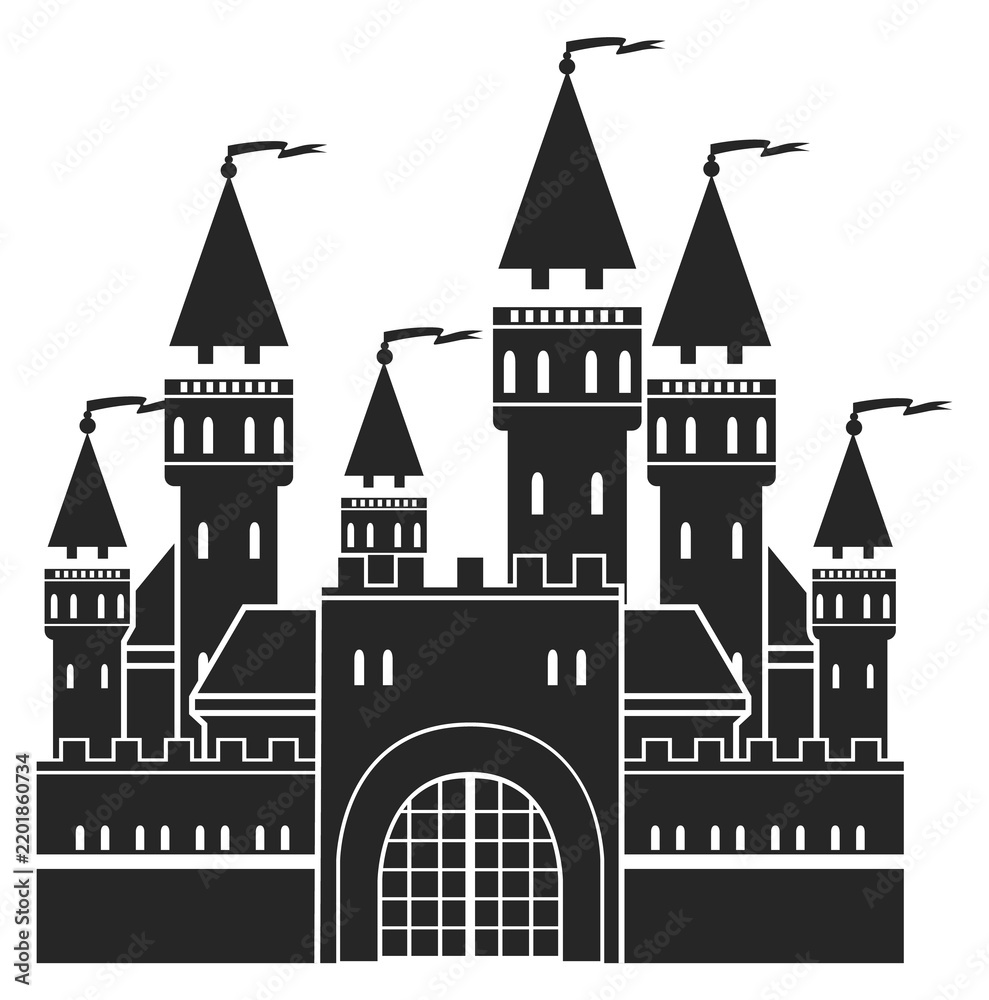 Obraz premium Medieval castle black icon. Old fairytale architecture