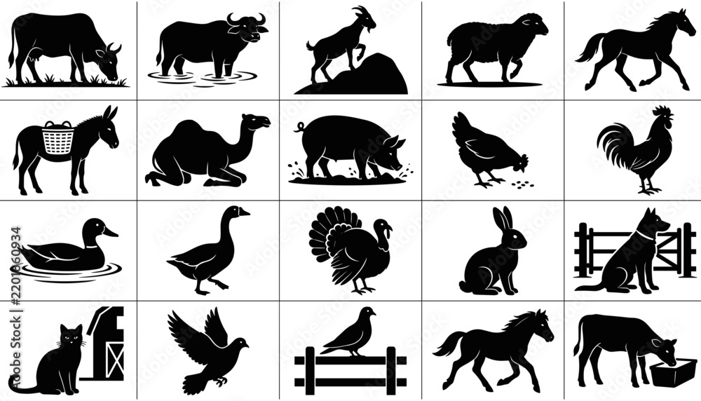 Obraz premium Farm Animal Silhouettes Collection with Various Livestock and Poultry