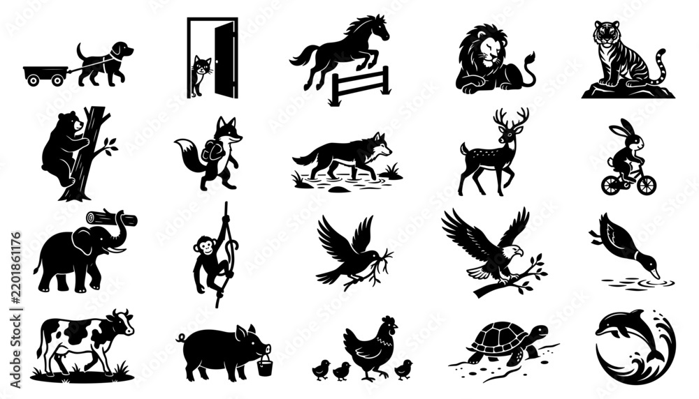 Obraz premium Animal Silhouettes Set with Various Creatures, Farm Animals