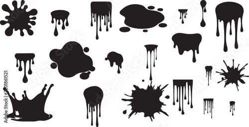 Grunge spray paint splatter textures with graffiti ink blots, dirty aerosol splash stains, distressed noise speckle effects, urban drip smudge collection for street design vector art illustration