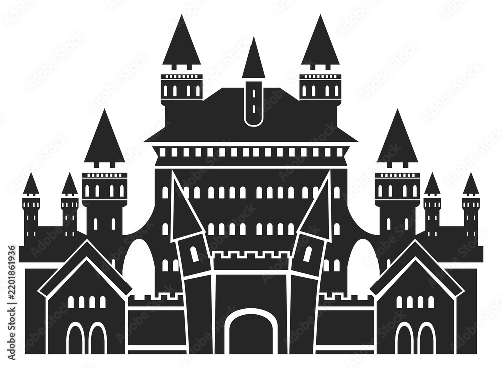 Fototapeta premium Castle silhouette. Ancient fantasy building with stone towers