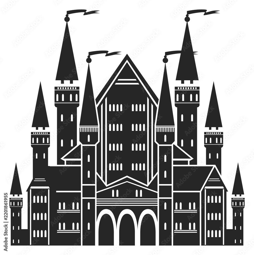 Fototapeta premium Fantasy citadel black icon. Medieval castle silhouette