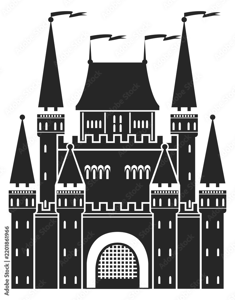 Obraz premium Fairytale castle black icon. Kid fantasy architecture