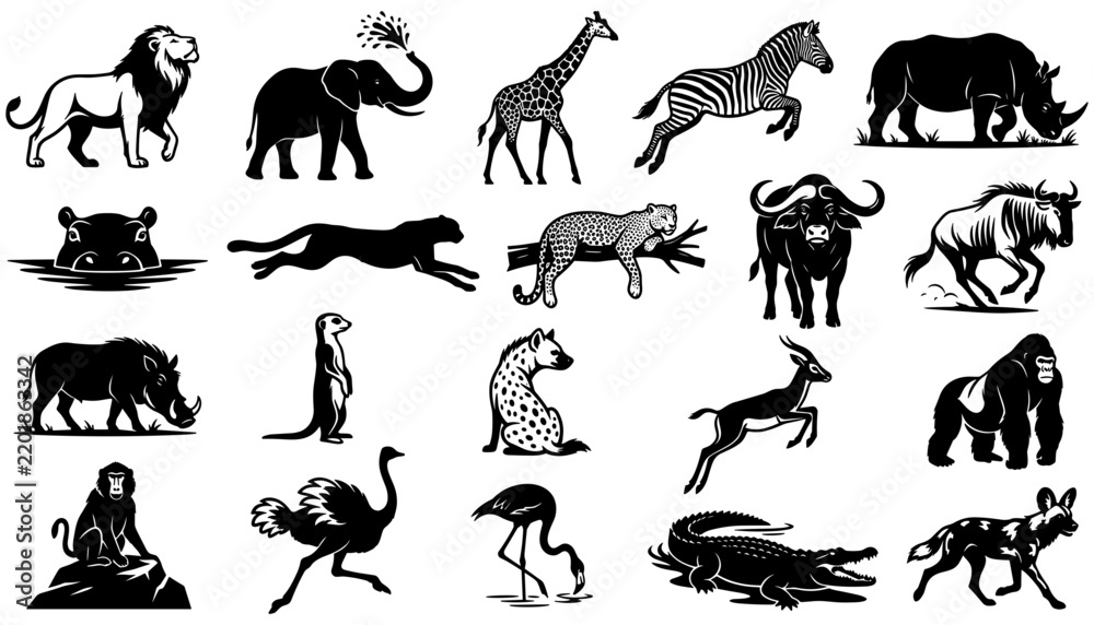Fototapeta premium African Animal Silhouettes Set with Diverse Wildlife Illustrations and Safari