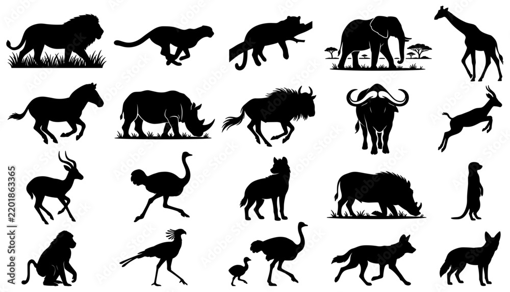 Obraz premium African Animal Silhouettes Set with Savanna Grass and Wildlife Icons
