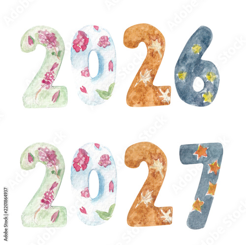 hand drawn sketch style watercolor illustration style text of 2026 and 2027