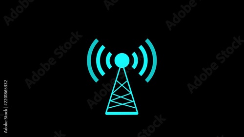 Blue wireless signal tower icon with expanding radio waves on black background seamless technology animation. Animation of 4k video.