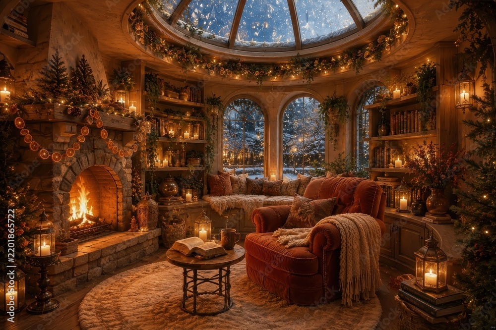 Obraz premium Cozy rustic winter living room with fireplace and snowy woodland view
