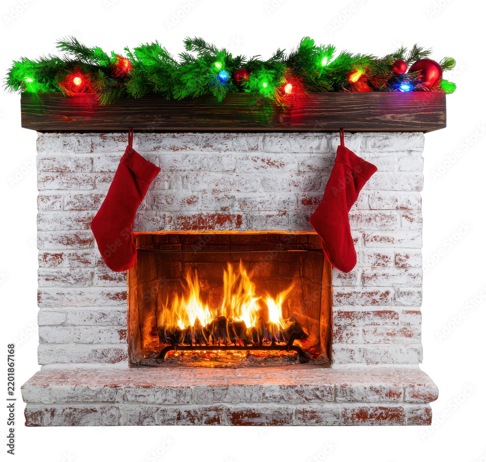 Obraz premium PNG Festive Christmas fireplace with glowing garland and stockings