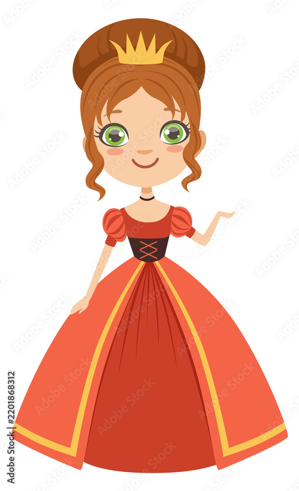 Obraz premium Fairytale princess character. Cartoon royal girl in red dress