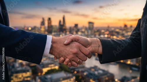 Close-up of a professional handshake between two business people against a blurred city skyline view