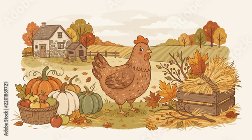Autumn Farm Scene with Chicken, Pumpkins, and Harvest Bounty