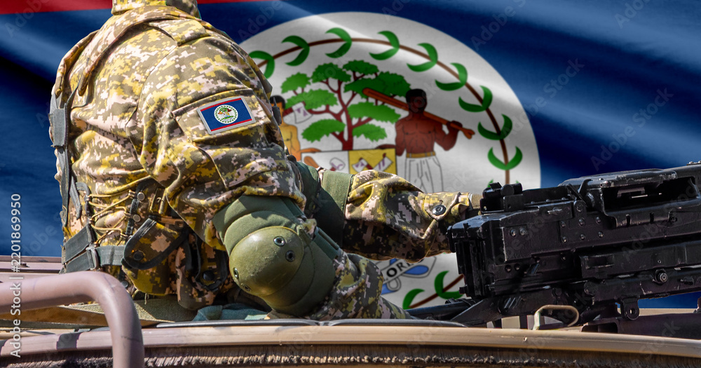 Obraz premium Belize flag with soldier at machinegun turret
