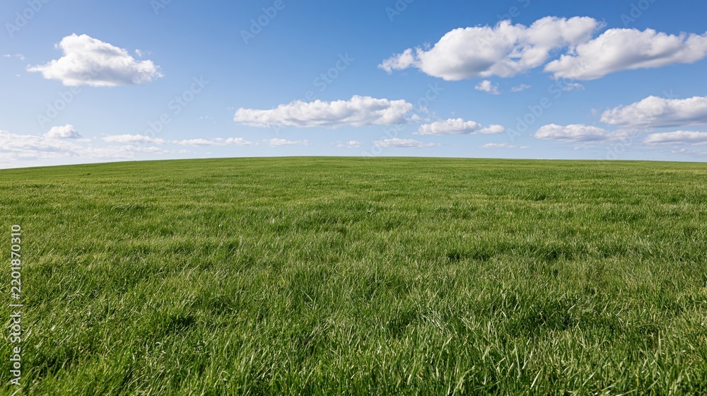 Obraz premium Wide grassy field stretching to a gently rolling horizon under a blue sky with scattered clouds